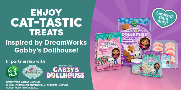 Promotional banner for Gabby's Dollhouse cat-tastic treats with product packages on the right and a teal panel on the left stating 'ENJOY CAT-TASTIC TREATS' (limited-time offer).